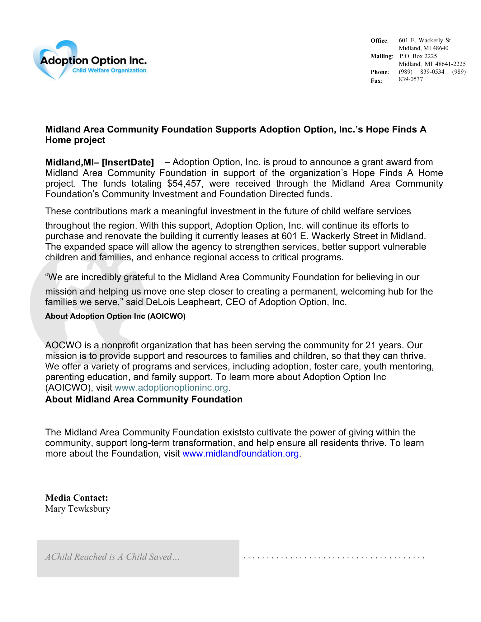 Midland Are Community Foundation Press Release for Website